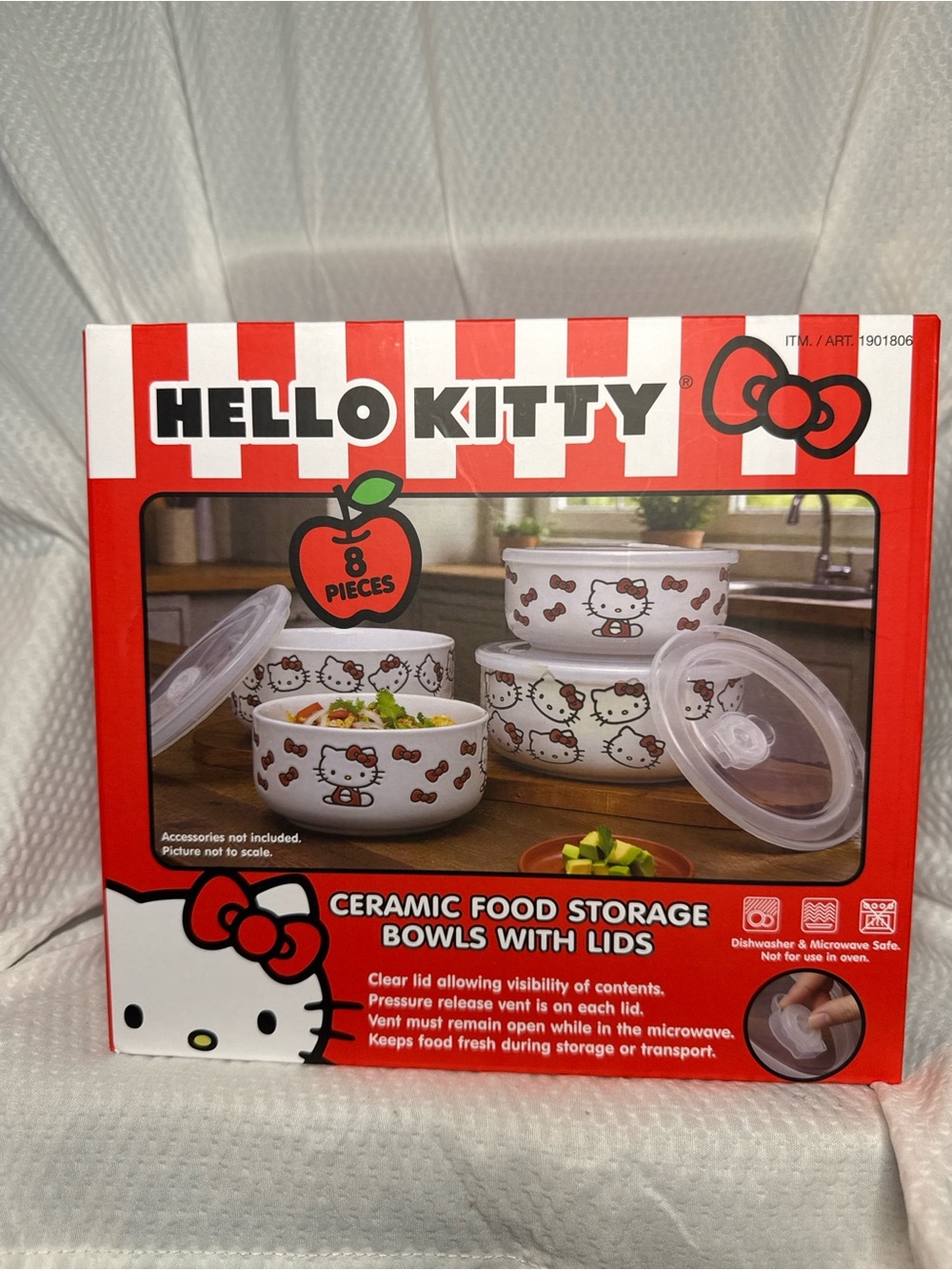Hello Kitty Ceramic Food Storage Bowls with Lids - White and Red (8 Pieces)
